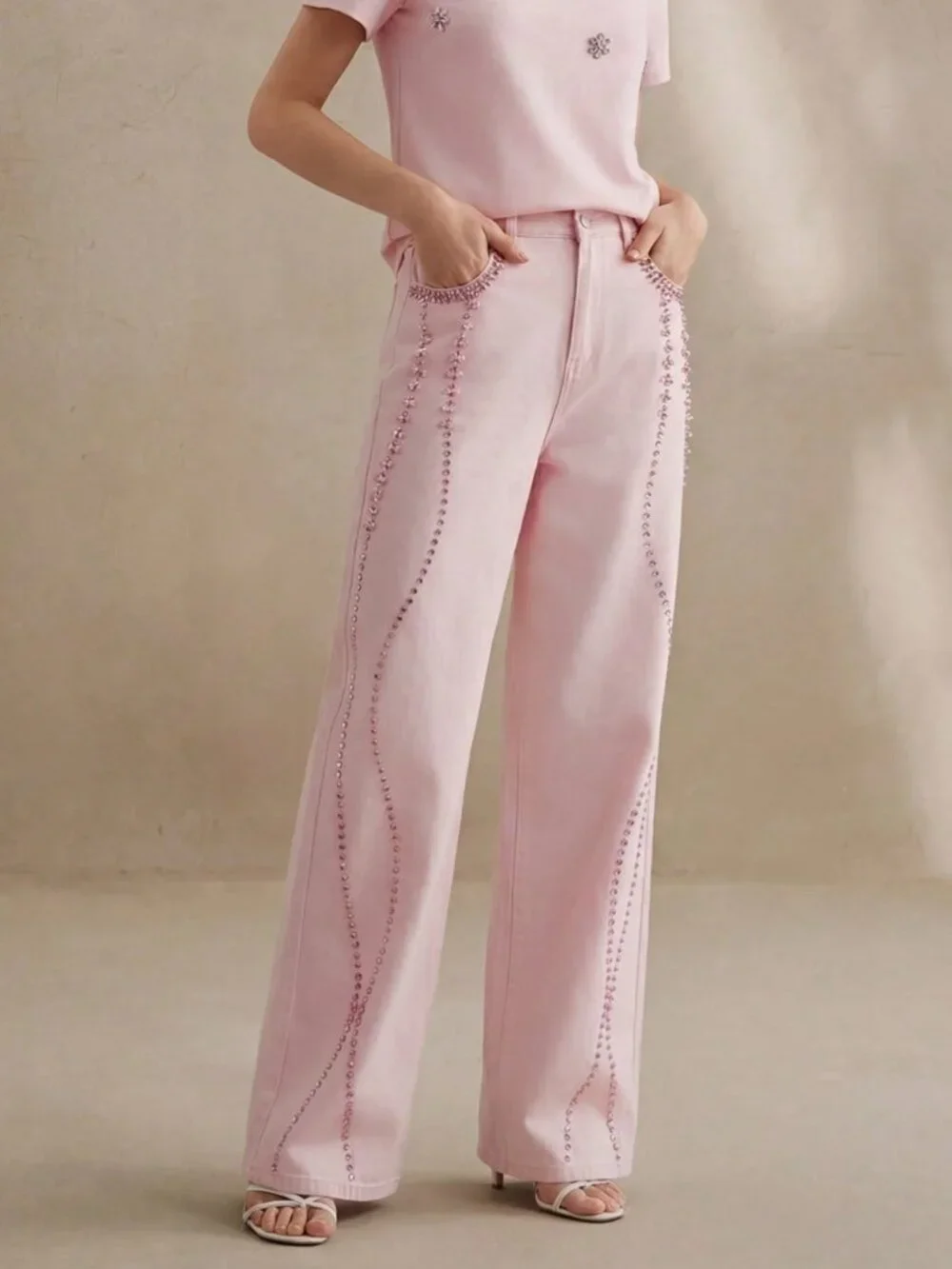 Pink Casual Women's Design Beaded Rhinestone Straight Leg Jeans